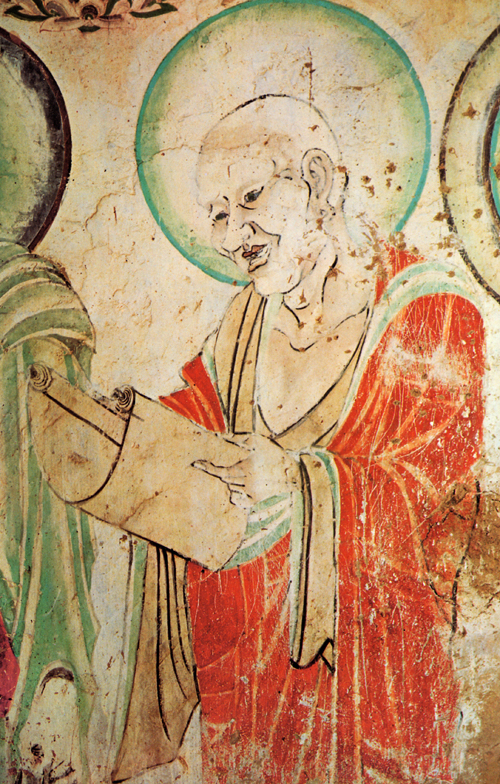 Wandmalerei eines rollenlesenden Mönchs.